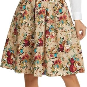 Vintage Retro Style Women's Floral Skirt A-Line Pleated Golden Flower Pockets M